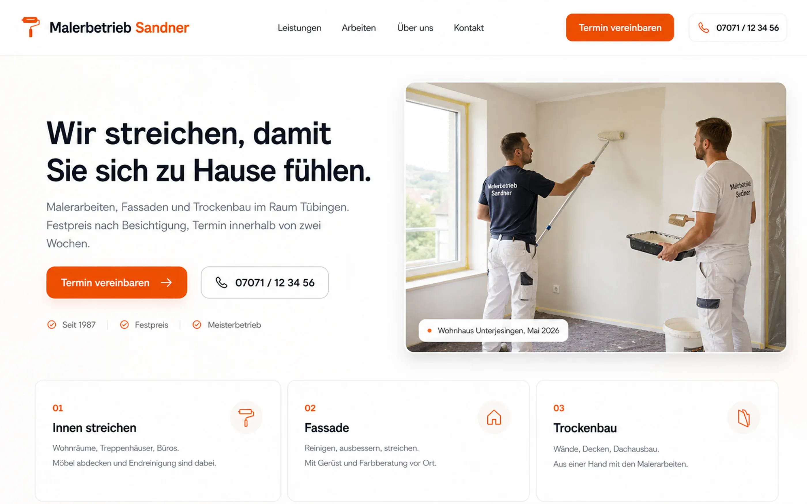 Dieselbe Firma als heutige Website mit großem Foto und sichtbarer Telefonnummer
