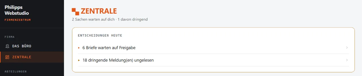 Die Zentrale von Philipps Webstudio: sechs Briefe warten auf Freigabe, achtzehn dringende Meldungen ungelesen